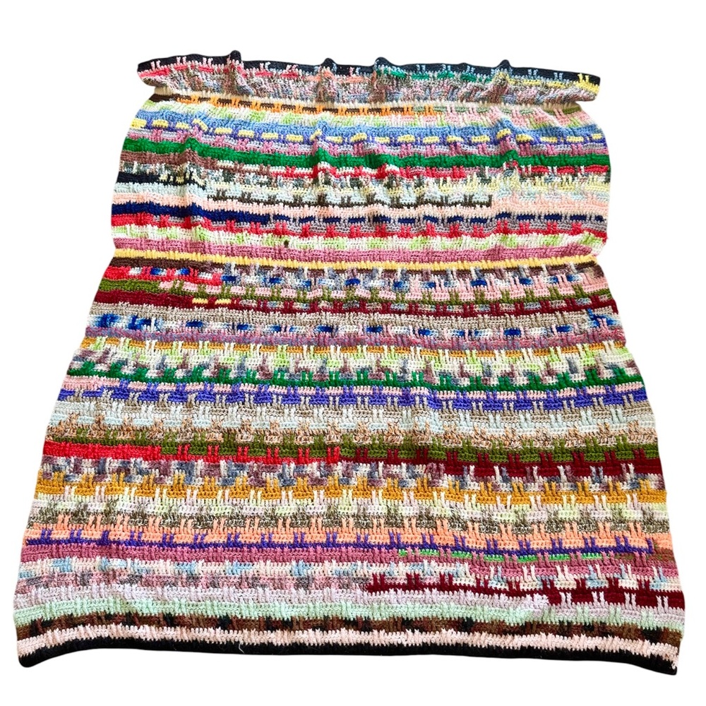 VTG Handmade Afghan Multicolor Rainbow Retro 60”x 52” 70s Hippie